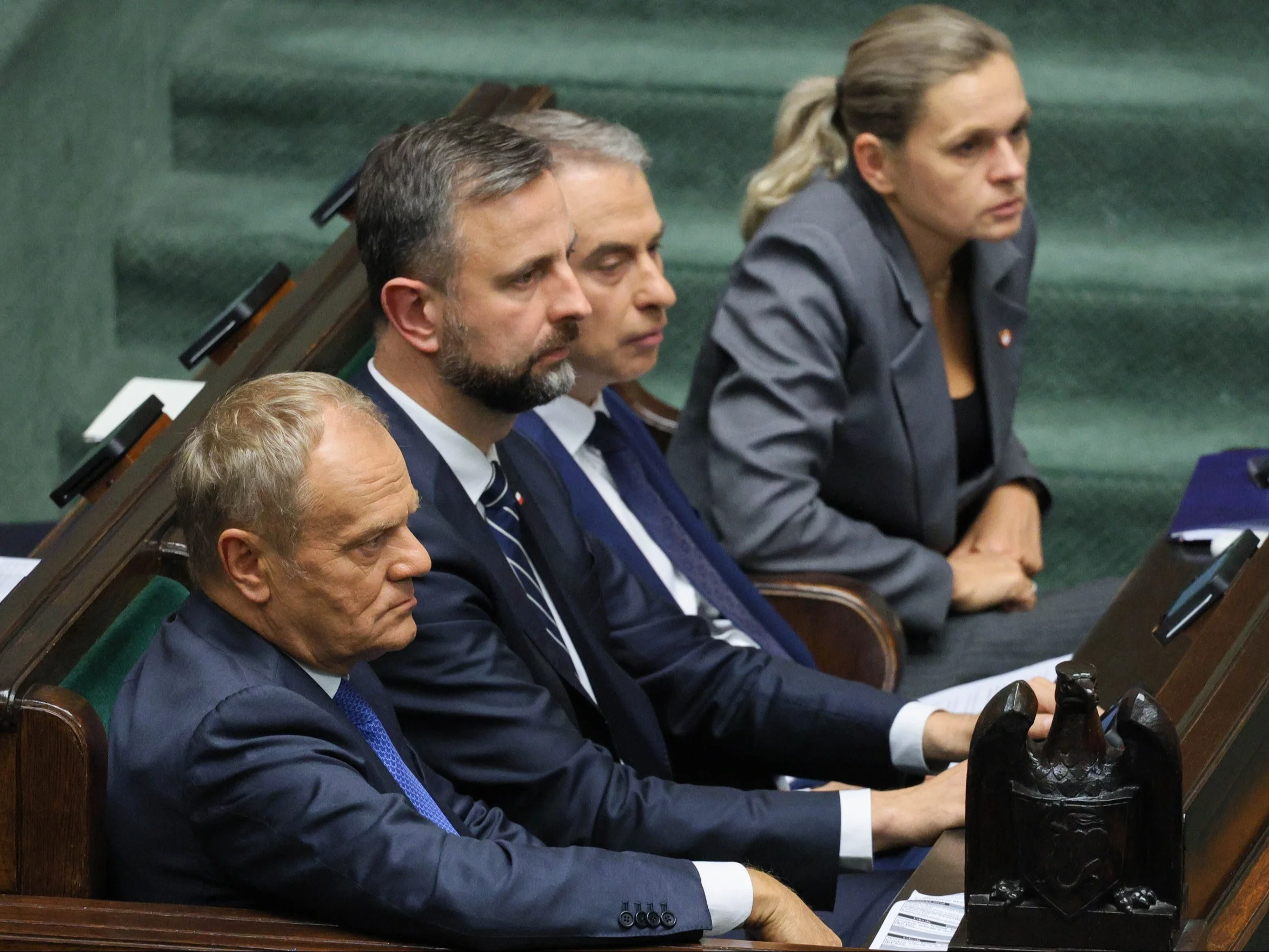 Premier Donald Tusk, wicepremier, minister obrony narodowej Władysław Kosiniak-Kamysz, wicepremier, minister cyfryzacji Krzysztof Gawkowski i minister edukacji Barbara Nowacka