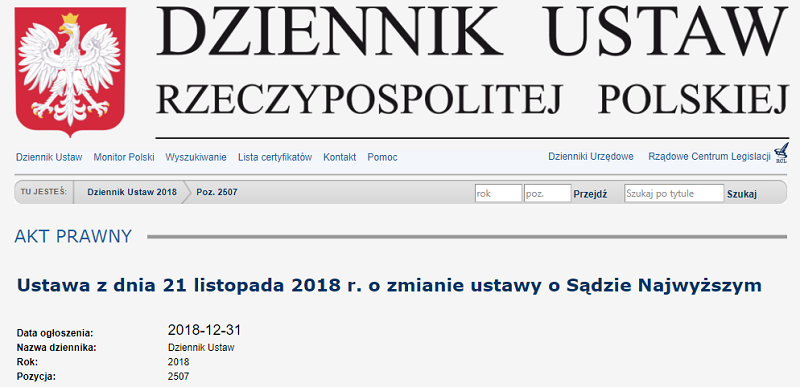 Ustawa o Sądzie Najwyższym opublikowana w Dzienniku Ustaw