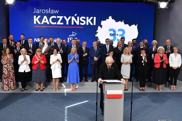 Warszawa, 31.08.2023. Prezes Prawa i Sprawiedliwości Jarosław Kaczyński ogłasza "jedynki" na wybory
