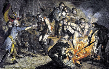 Wartburg, 1817 r. Studenci ciskają w ogień książki autorów prohabsburskiej „reakcji”. Wzorują się na Lutrze, który rzucił w ogień upomnienie papieskie.