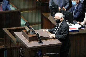 Wicepremier, prezes PiS Jarosław Kaczyński w Sejmie