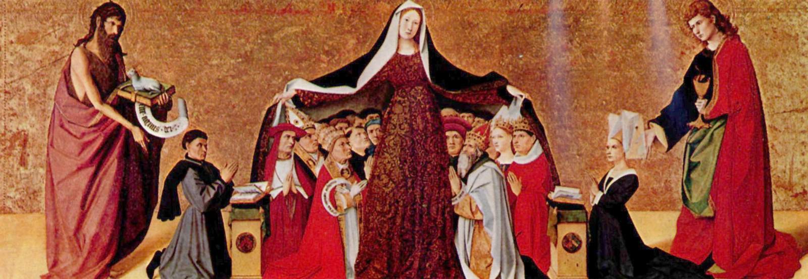 "Matka Boska Miłosierdzia" autorstwa Enguerranda Quartona i Pierre’a Villate’a, ok. 1452 r. Alegoria Kościoła pojednanego z samym sobą po wielkiej schizmie zachodniej, która zakończyła się na Soborze w Konstancji (1414–1418)