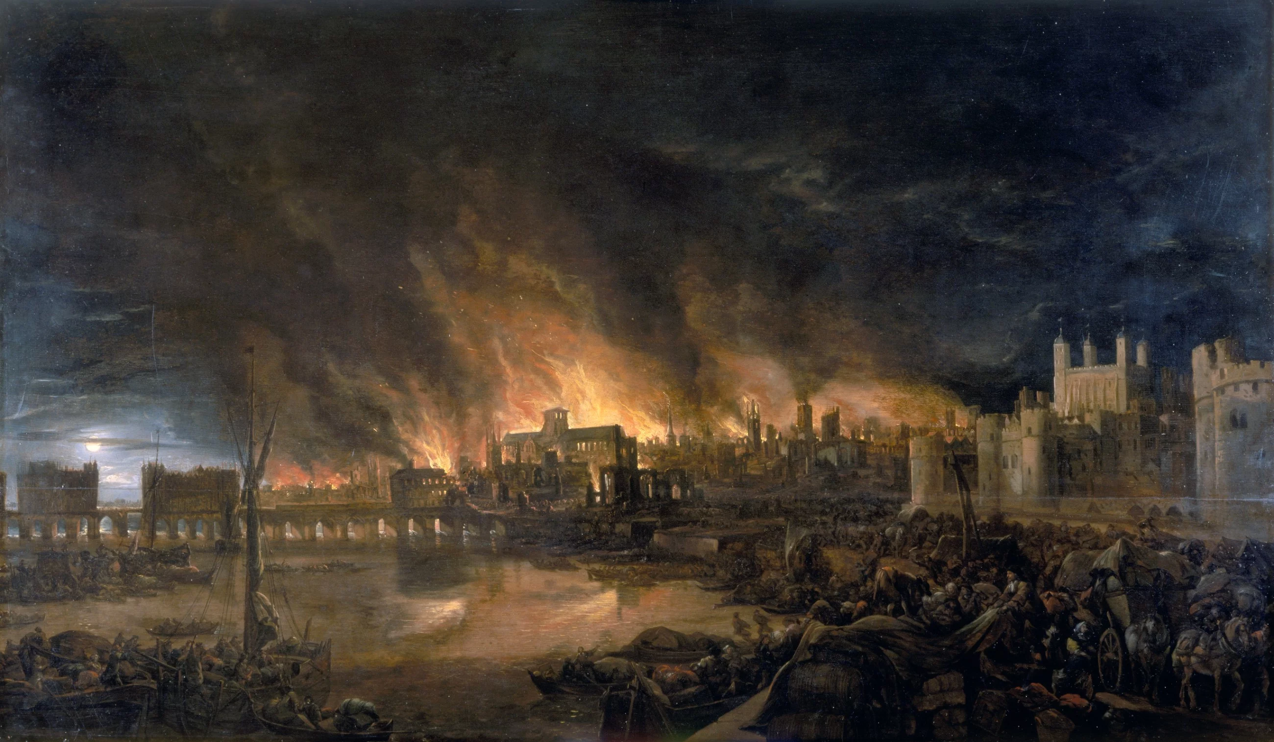 Wielki pożar Londynu. Obraz nieznanego autora powstały pomiędzy 1666 a 1675 rokiem