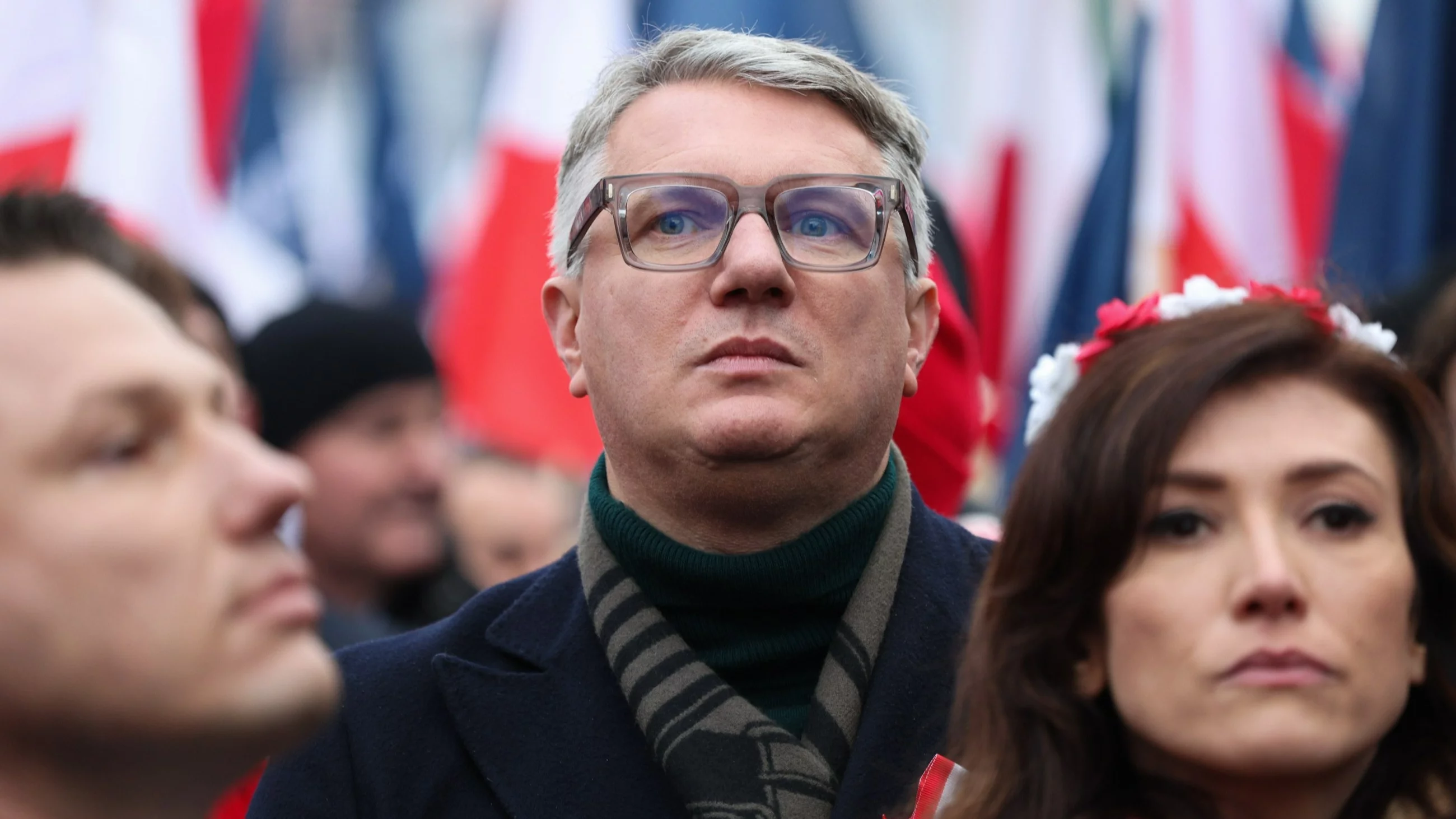 Poseł Konfederacji Przemysław Wipler (C) i europosłanka Ewa Zajączkowska (P) i Sławomir Mentzen (L)