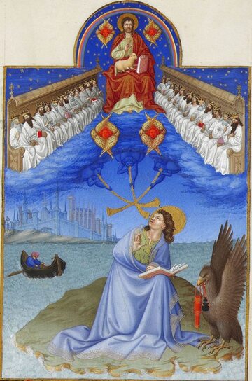Wizja Jana Ewangelisty na Patmos (iluminacja z Bardzo bogatych godzinek księcia de Berry (ok. 1410)