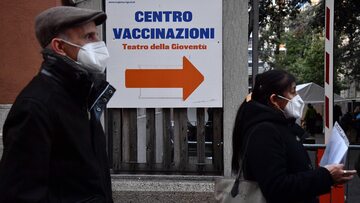 Włochy, ludzie w kolejce do punktu szczepień