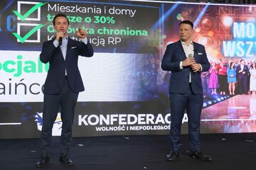 Współprzewodniczący Rady Liderów Konfederacji Sławomir Mentzen (P) i Krzysztof Bosak