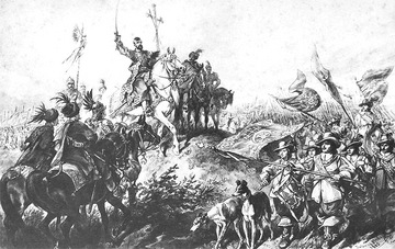 Wymarsz oddziałów Jeremiego Wiśniowieckiego z Łubniów w 1648 roku, rys. Juliusz Kossak