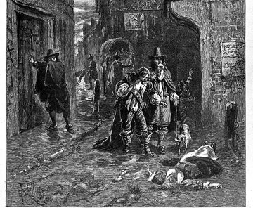 XVII-wieczny rysunek przedstawiający epidemię dżumy w Londynie.