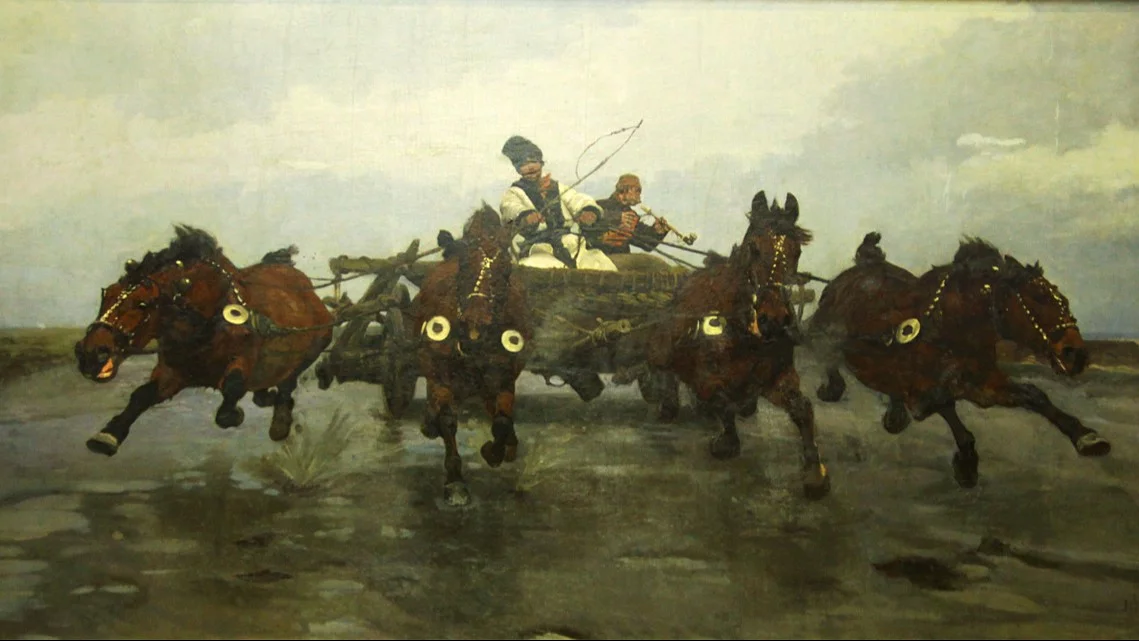 Józef Chełmoński: Czwórka, 1881 rok, olej/płótno; 275 x 660 cm, Muzeum Narodowe w Krakowie - Galeria Sztuki Polskiej XIX wieku w Sukiennicach