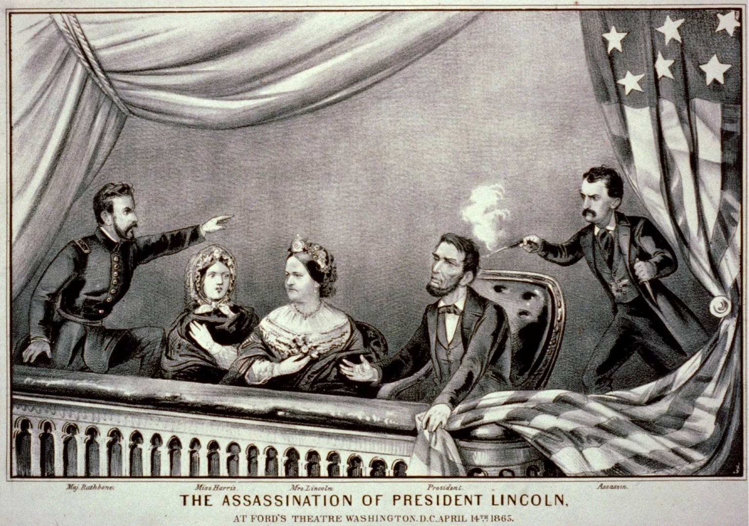 Litografia przedstawiająca moment zabójstwa Lincolna. Od lewej: Henry Rathbone, Clara Harris, Mary Todd Lincoln, Abraham Lincoln i John Wilkes Booth