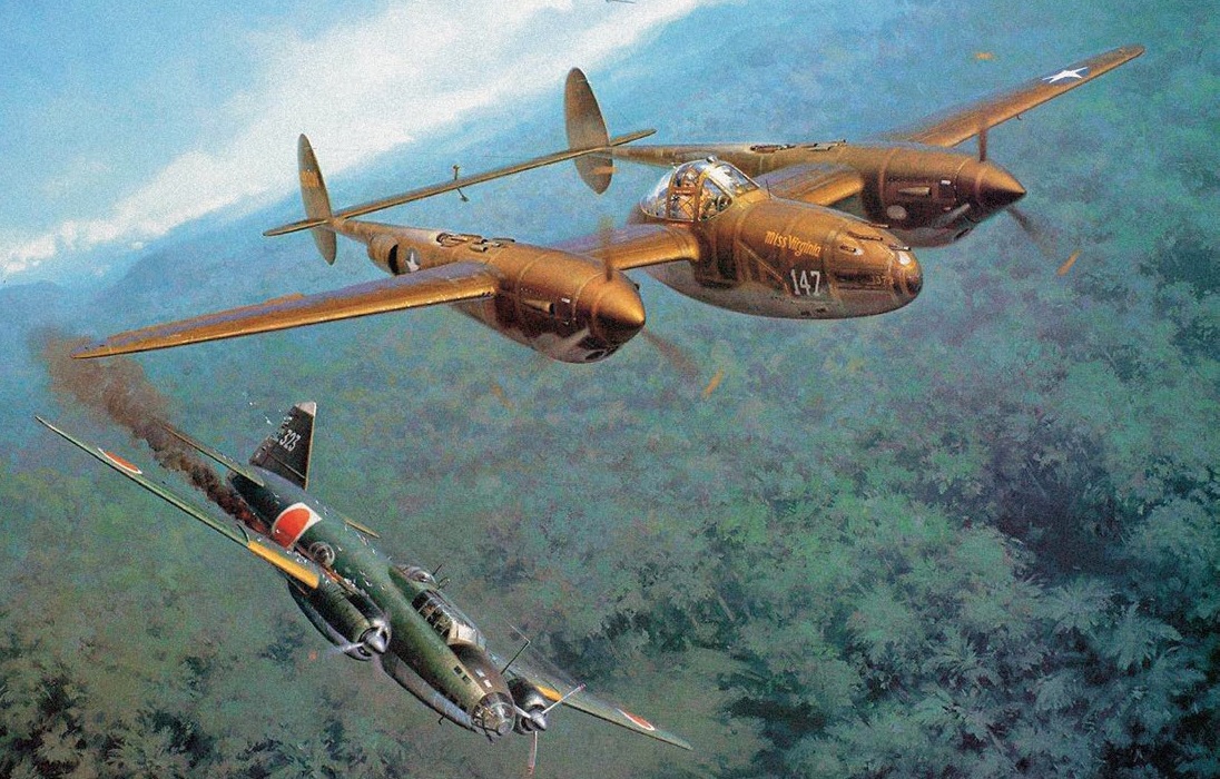 Amerykański P-38 Lighting i zestrzelony japoński Mitsubishi G4M wiozący admirała Yamamoto