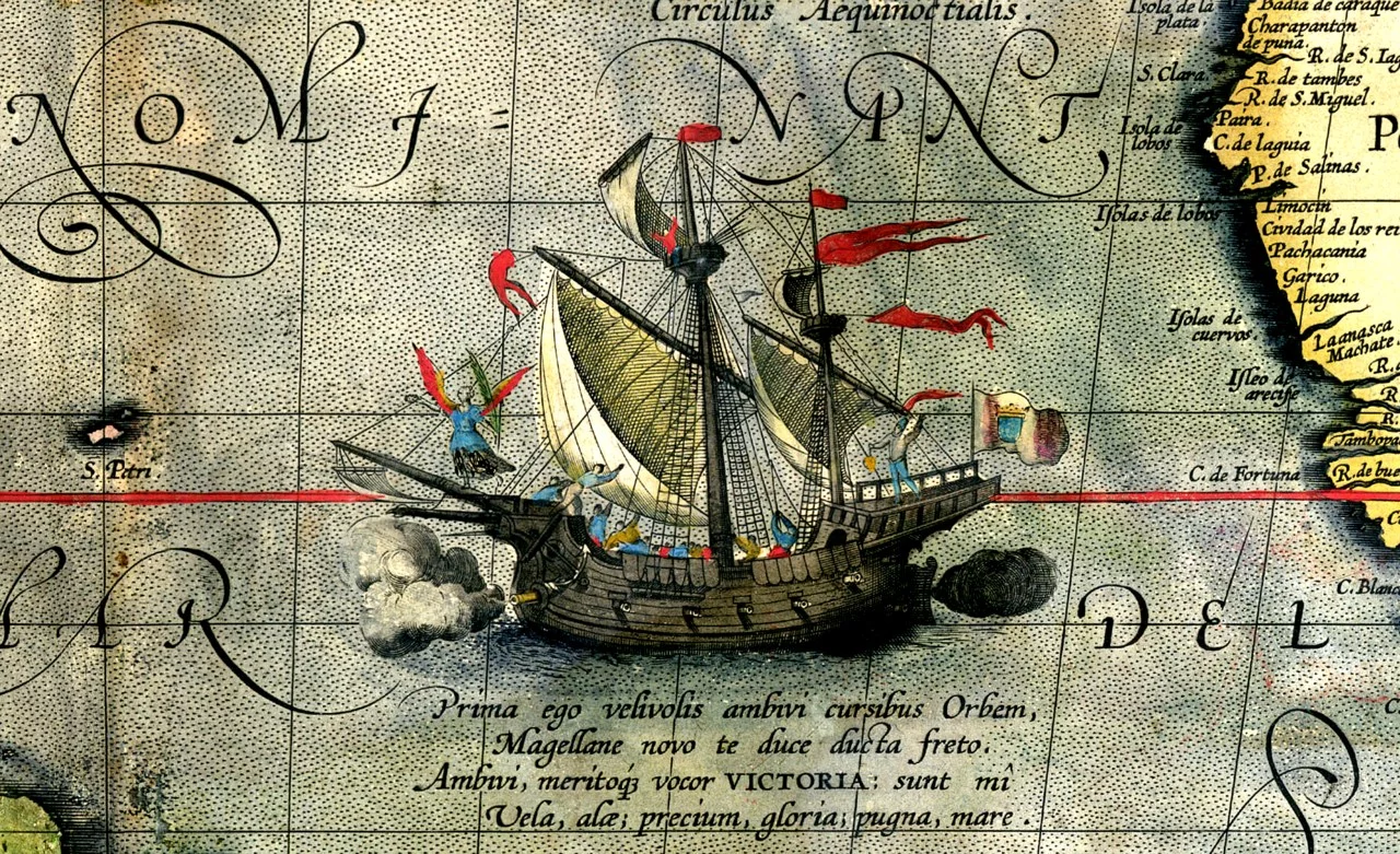 Victoria - jedyny statek floty Magellana, który ukończył podróż dookoła świata. Fragment mapy Orteliusa z 1590 roku