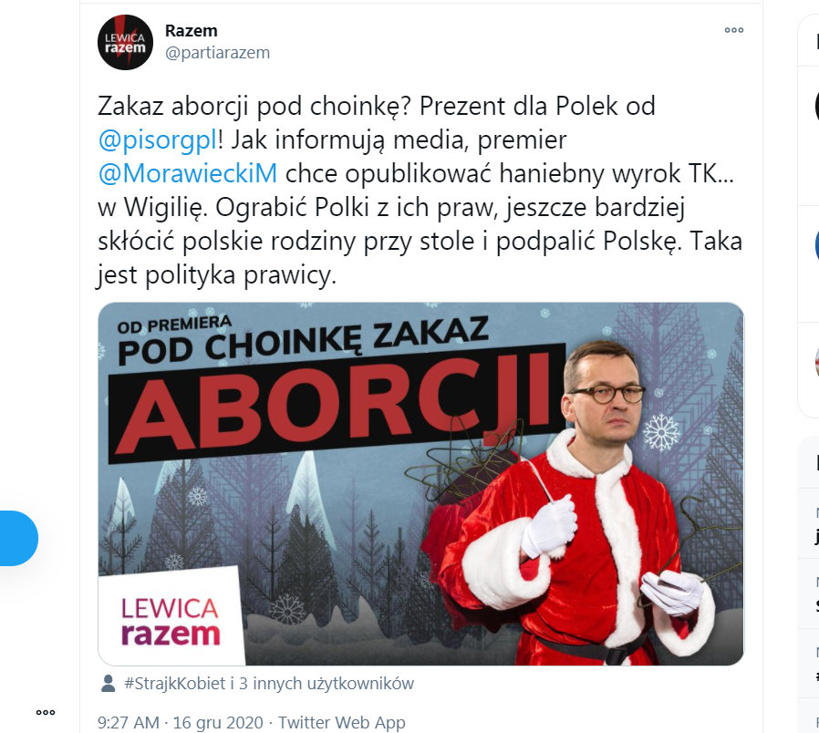 Informacje o publikacji wyroku TK te skomentowano m.in. na Twitterze Partii RAZEM.