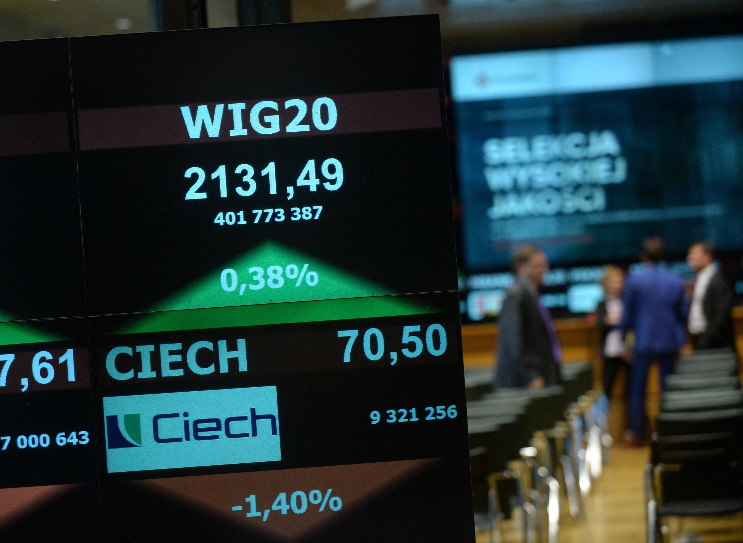 Tablica z notowaniami Ciech SA w sali notowań Giełdy Papierów Wartościowych