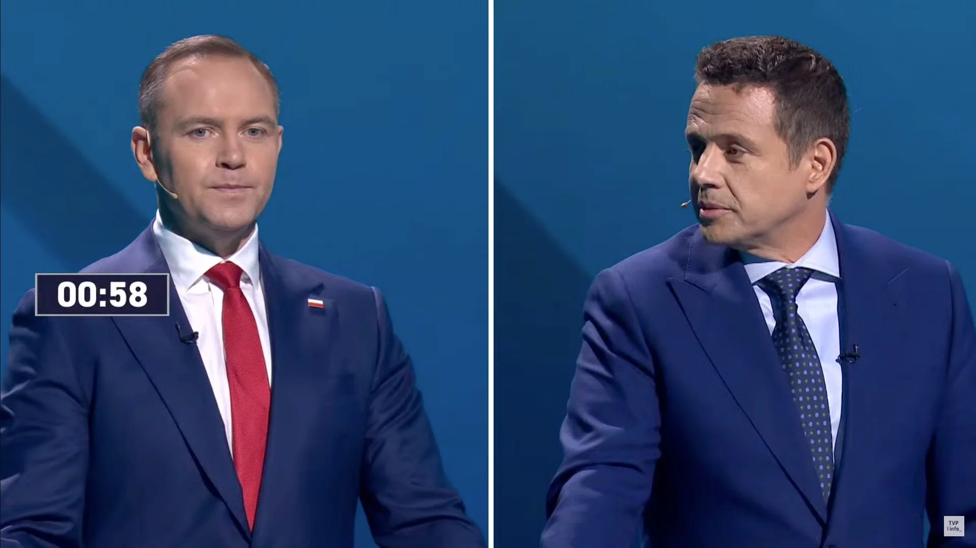 Karol Nawrocki i Rafał Trzaskowski podczas debaty prezydenckiej w TVP