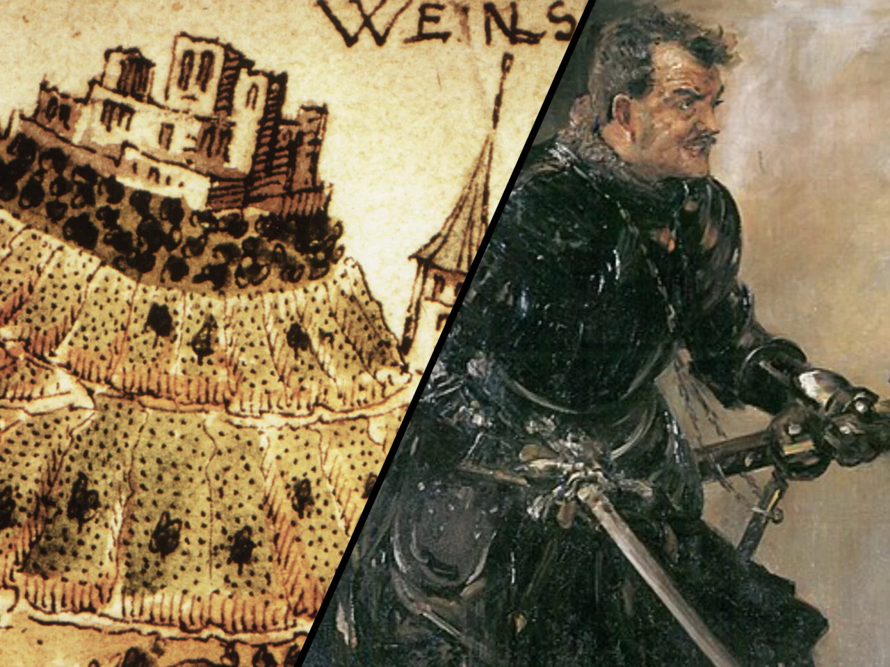 Widok zamku Weinsberg. Fragment mapy z 1578 roku.  /  Lovis Corinth potret Rudolfa Rittnera jako Floriana Geyera