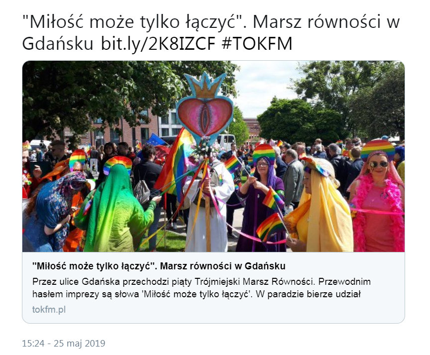 Ulicami Gdańska przeszedł dzisiaj Marsz Równości pod hasłem "Miłość może tylko łączyć” (zdjęcie z Twittera Radia TOK FM)