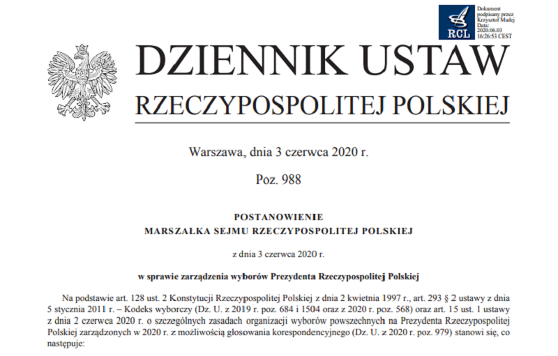 Zarządzenie marszałek ws. wyborów opublikowane w Dzienniku Ustaw
