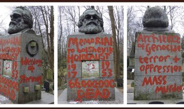 Zdewastowany pomnik Karola Marksa
