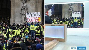 Zdjęcie z protestu "żółtych kamizelek" oraz zrzut ekranu z francuskiej telewizji publicznej