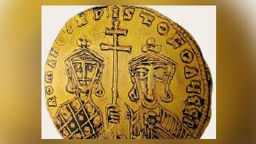 Złoty solid bizantyjski, moneta znajdowana
na ternie Słowacji ze znakiem krzyża
patriarszego