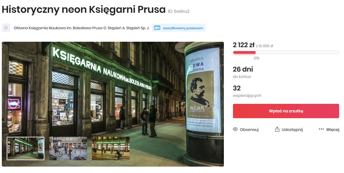 Zbiórka na słynny neon Księgarni Naukowej im. Bolesława Prusa