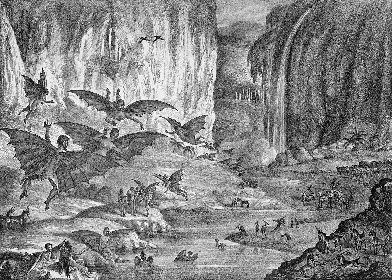Litografia pokazująca życie na Księżycu, o którym pisano w "The Sun" w 1835 roku